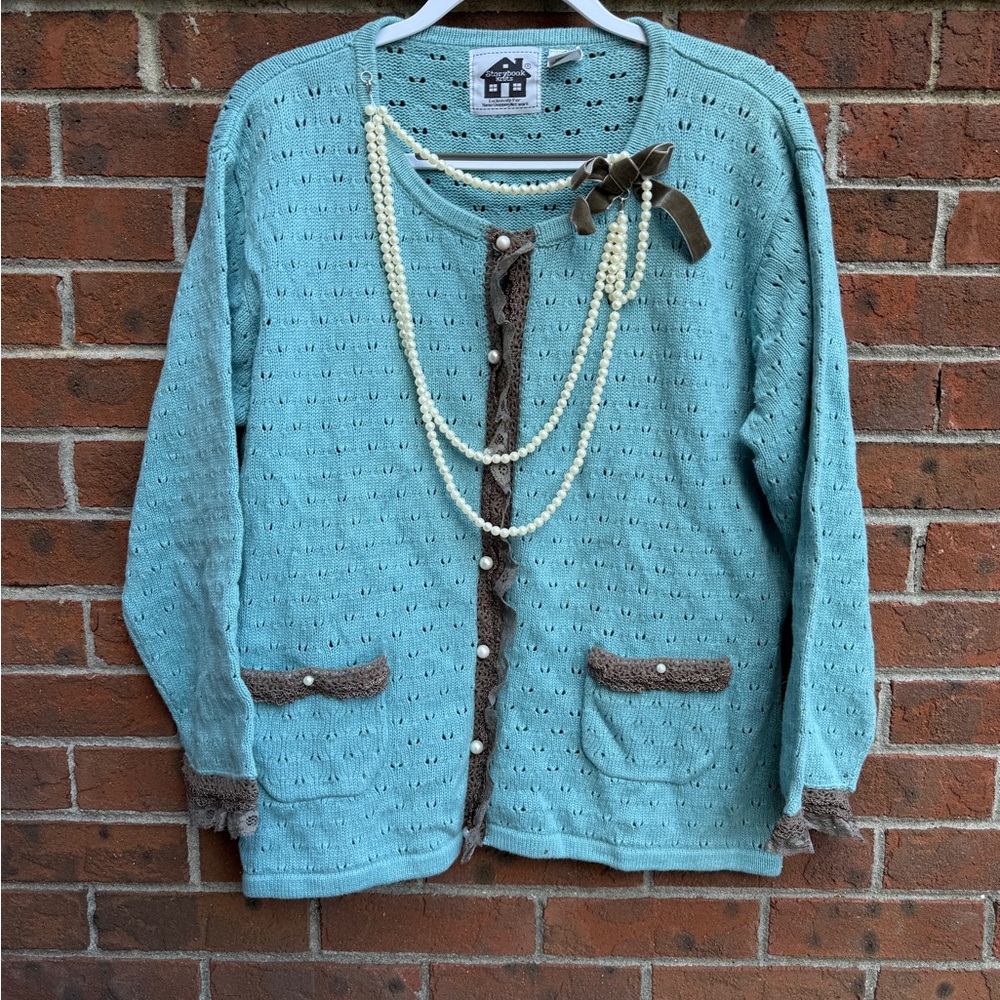 Vintage Storybook Knits Button Up Cardigan Sweater Size Large Pearl Necklace - Picture 7 of 7
